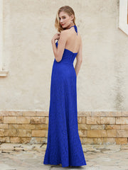 Robe Fourreau en Dentelle Longueur au Sol à Col Licou Bleu Royale Grande Taille