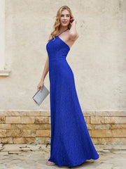 Robe Fourreau en Dentelle Longueur au Sol à Col Licou Bleu Royale Grande Taille