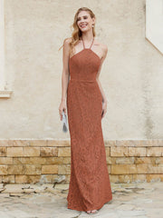 Robe Fourreau en Dentelle Longueur au Sol à Col Licou Rouille Grande Taille