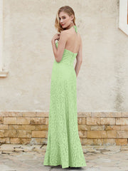 Robe Fourreau en Dentelle Longueur au Sol à Col Licou Sauge Grande Taille