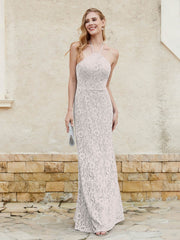 Robe Fourreau en Dentelle Longueur au Sol à Col Licou Argent