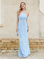 Robe Fourreau en Dentelle Longueur au Sol à Col Licou Bleu Ciel Grande Taille