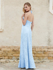 Robe Fourreau en Dentelle Longueur au Sol à Col Licou Bleu Ciel Grande Taille
