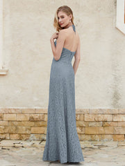 Robe Fourreau en Dentelle Longueur au Sol à Col Licou Bleu de Schiste Grande Taille