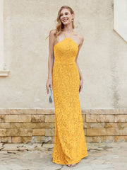 Robe Fourreau en Dentelle Longueur au Sol à Col Licou Mandarine Grande Taille