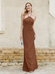 Robe Fourreau en Dentelle Longueur au Sol à Col Licou Terracotta