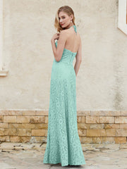 Robe Fourreau en Dentelle Longueur au Sol à Col Licou Turquoise Grande Taille