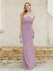 Robe Fourreau en Dentelle Longueur au Sol à Col Licou Vintage Mauve