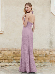 Robe Fourreau en Dentelle Longueur au Sol à Col Licou Vintage Mauve Grande Taille