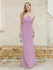 Robe Fourreau en Dentelle Longueur au Sol à Col Licou Glycine