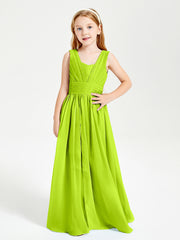 Chic Robes Longues de Demoiselle d'Honneur Junior à Col en V Vert Citron