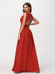 Robes Longues en Mousseline à Col en V avec Dos Ouvert Rouille