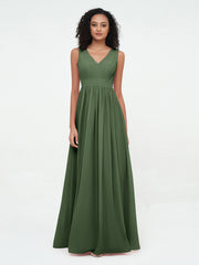 Robes Longues en Mousseline à Col en V avec Dos Ouvert Olive Verte Grande Taille