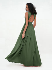Robes Longues en Mousseline à Col en V avec Dos Ouvert Olive Verte Grande Taille