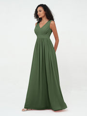 Robes Longues en Mousseline à Col en V avec Dos Ouvert Olive Verte Grande Taille