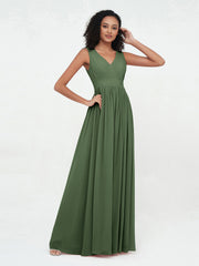 Robes Longues en Mousseline à Col en V avec Dos Ouvert Olive Verte Grande Taille