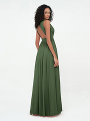 Robes Longues en Mousseline à Col en V avec Dos Ouvert Olive Verte Grande Taille
