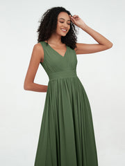 Robes Longues en Mousseline à Col en V avec Dos Ouvert Olive Verte Grande Taille