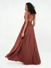 Robes Longues en Mousseline à Col en V avec Dos Ouvert terracotta Grande Taille