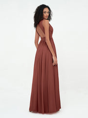 Robes Longues en Mousseline à Col en V avec Dos Ouvert terracotta Grande Taille