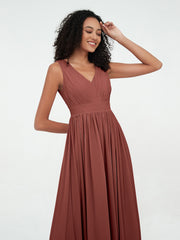 Robes Longues en Mousseline à Col en V avec Dos Ouvert terracotta Grande Taille