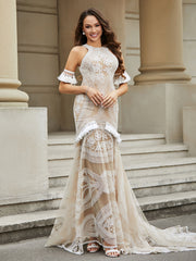 Robe de Mariée Sirène en Dentelle à Franges avec Traîne Balayage Blanc