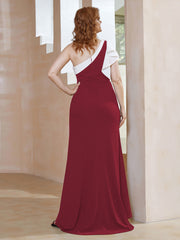 Robe Longueur au Sol en Crêpe Extensible à Une Épaule avec Fente Bordeaux