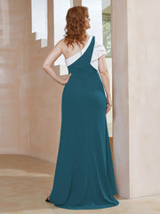 Robe Longueur au Sol en Crêpe Extensible à Une Épaule avec Fente Bleu Encre Grande Taille