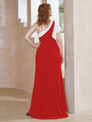 Robe Longueur au Sol en Crêpe Extensible à Une Épaule avec Fente Rouge Grande Taille