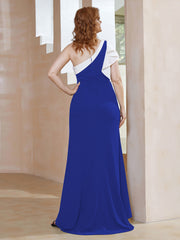 Robe Longueur au Sol en Crêpe Extensible à Une Épaule avec Fente Bleu Royale Grande Taille