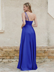Robe Longue en Satin de A-ligne à Une Épaule avec Poches Bleu Royale Grande Taille