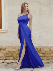 Robe Longue en Satin de A-ligne à Une Épaule avec Poches Bleu Royale