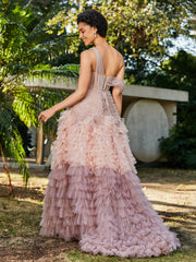 Robe de A-ligne en Tulle Plissée à Une Épaule Rose Poudré