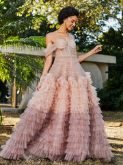 Robe de A-ligne en Tulle Plissée à Une Épaule Rose Poudré Grande Taille