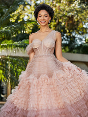 Robe de A-ligne en Tulle Plissée à Une Épaule Rose Poudré