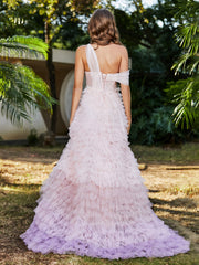 Robe de A-ligne en Tulle Plissée à Une Épaule Rose