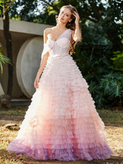 Robe de A-ligne en Tulle Plissée à Une Épaule Rose Grande Taille