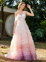 Robe de A-ligne en Tulle Plissée à Une Épaule Rose
