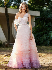 Robe de A-ligne en Tulle Plissée à Une Épaule Rose
