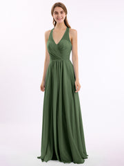 Col En V Mousseline Robe Avec Nœud Bretelles Olive Verte Grande Taille