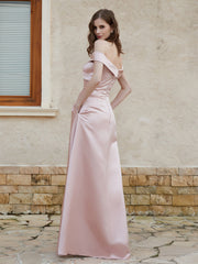 Robe en Satin à Mancherons Hors de l'Épaule avec Fente Rose Poudré