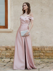 Robe en Satin à Mancherons Hors de l'Épaule avec Fente Rose Poudré
