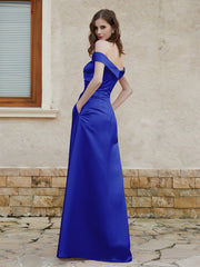Robe en Satin à Mancherons Hors de l'Épaule avec Fente Bleu Royale Grande Taille