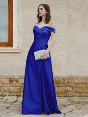 Robe en Satin à Mancherons Hors de l'Épaule avec Fente Bleu Royale
