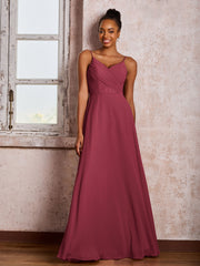 Robe Trapèze Plissée en Mousseline à Bretelles Spaghetti et Col en V Cannelle Rose