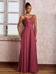 Robe Trapèze Plissée en Mousseline à Bretelles Spaghetti et Col en V Cannelle Rose