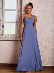 Robe Trapèze Plissée en Mousseline à Bretelles Spaghetti et Col en V Pervenche