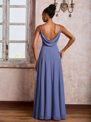 Robe Trapèze Plissée en Mousseline à Bretelles Spaghetti et Col en V Pervenche