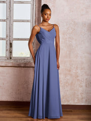 Robe Trapèze Plissée en Mousseline à Bretelles Spaghetti et Col en V Pervenche