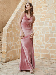 Robe Capot en Velours Longueur au Sol Rose Poudré